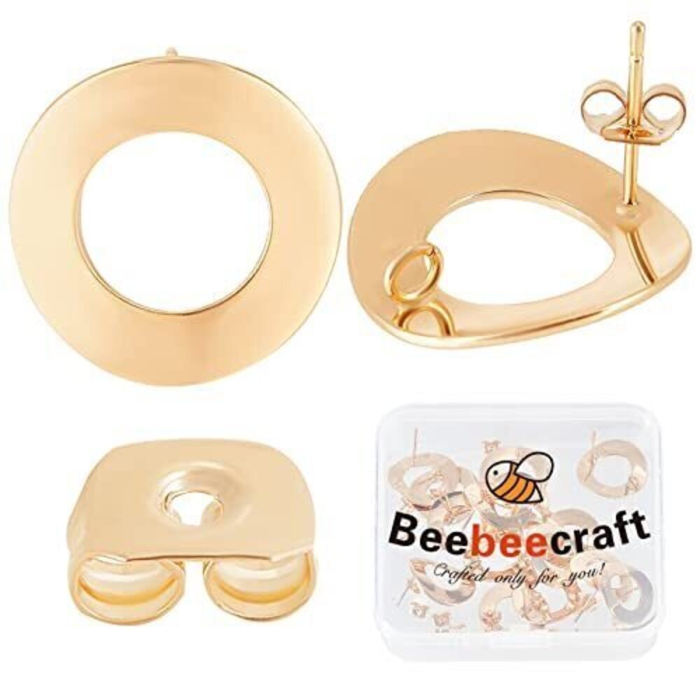 6297 1 Box 20Pcs Circle Stud Earring Findings 18K Gold Plated Hollow Round